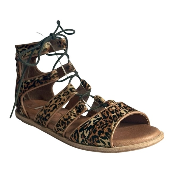 Gee Wawa Leopard Print Gladiator Sandals 9M Lace Up Leather Haircalf Boho Flat - Picture 7 of 10